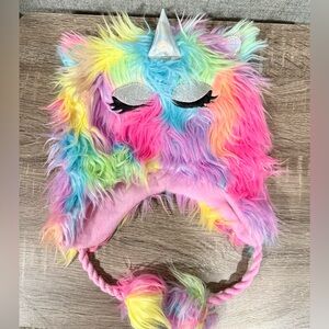 Zoe&Zac rainbow faux fur unicorn double lined winter hat. Pompom ties.NEVER WORN